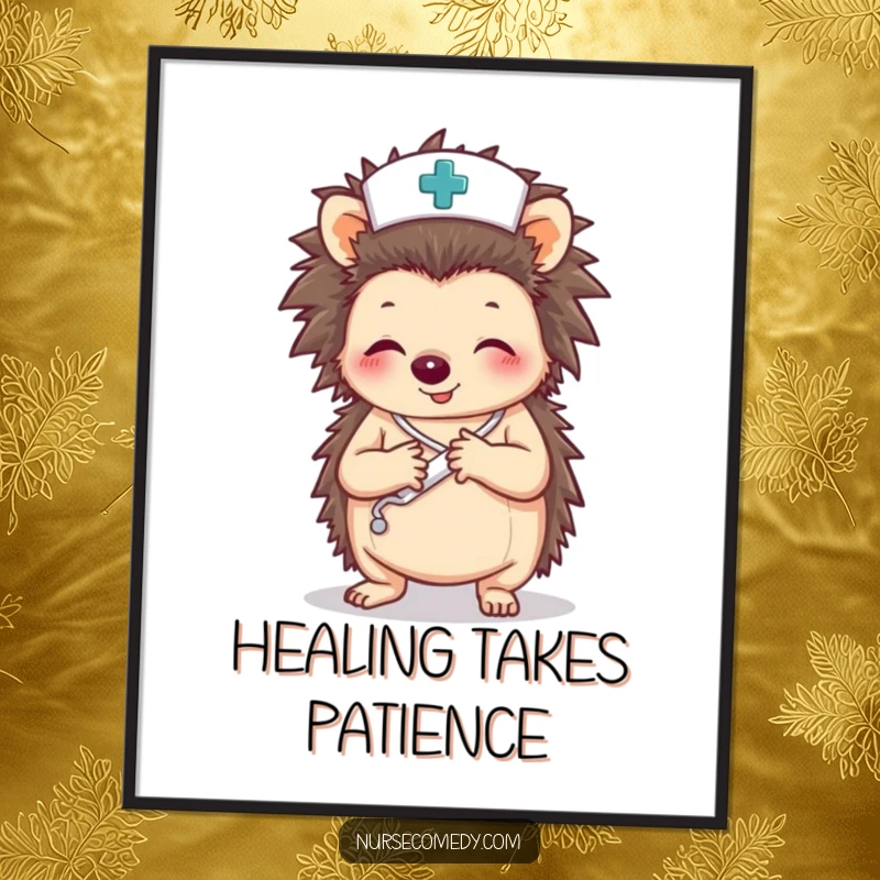 Funny poster of a hedgehog nurse character carefully wrapping a paw with a bandage, celebrating healthcare heroes.