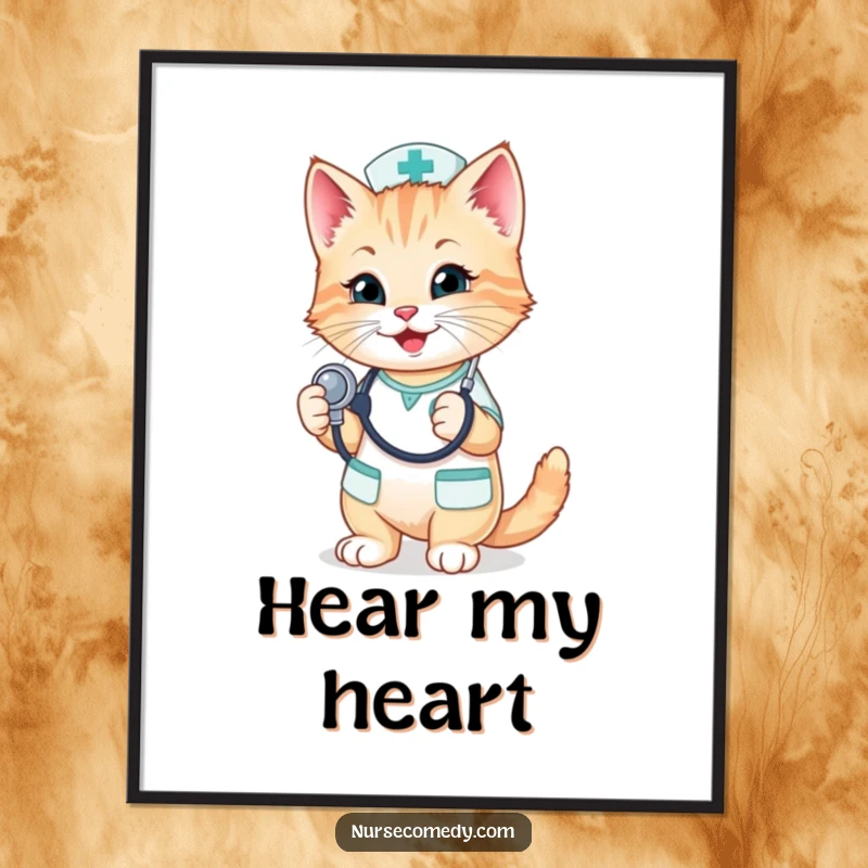 Funny Kitten Nurse Poster: A playful kitten in scrubs holds a stethoscope, creating a heartwarming and humorous piece of veterinary art.