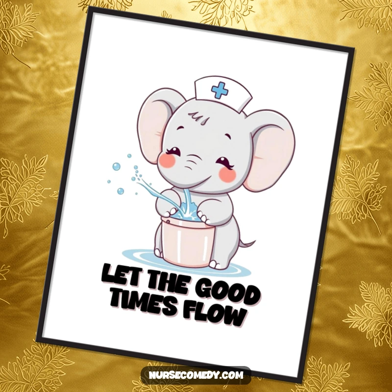 Funny Kawaii Elephant Nurse Poster, cute cartoon elephant joyfully splashing water from a tiny bucket, cheerful wall decor piece.