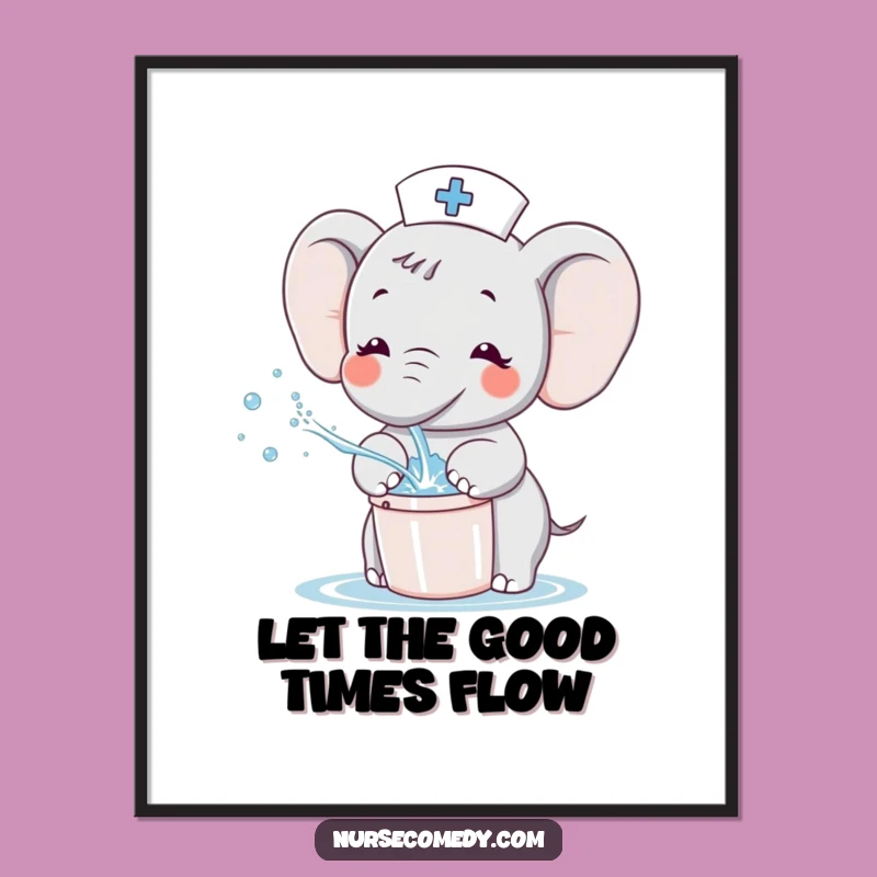 Funny Kawaii Elephant Nurse Poster - Joyful Cartoon Splashing Character Wall Art Gift