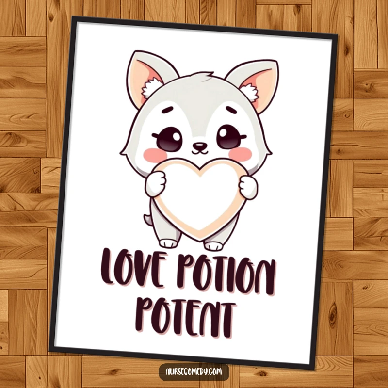 Funny Health Animal Poster: Wall art of a cute animal character winking and holding a giant heart-shaped pill.