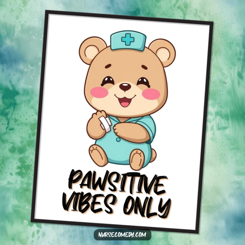 Funny bear nurse poster, a happy character humorously bandaging a small paw with a big smile, great wall decor, funny gift.