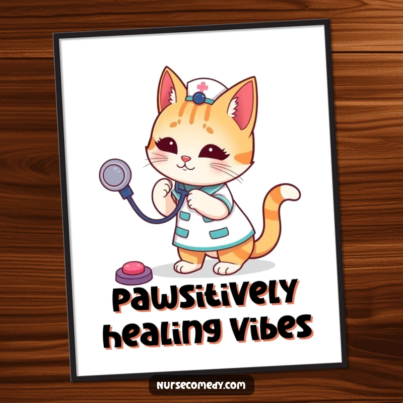 Funny Cat Nurse Poster featuring a playful cat character dressed as a nurse, joyfully tossing a stethoscope like a toy, adding humor to any room.