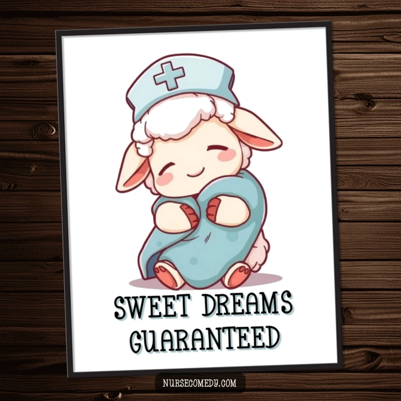 Funny sheep nurse character artwork on a poster, nightcap, comfort blanket, conveying sleepiness and care, ideal for bedrooms.