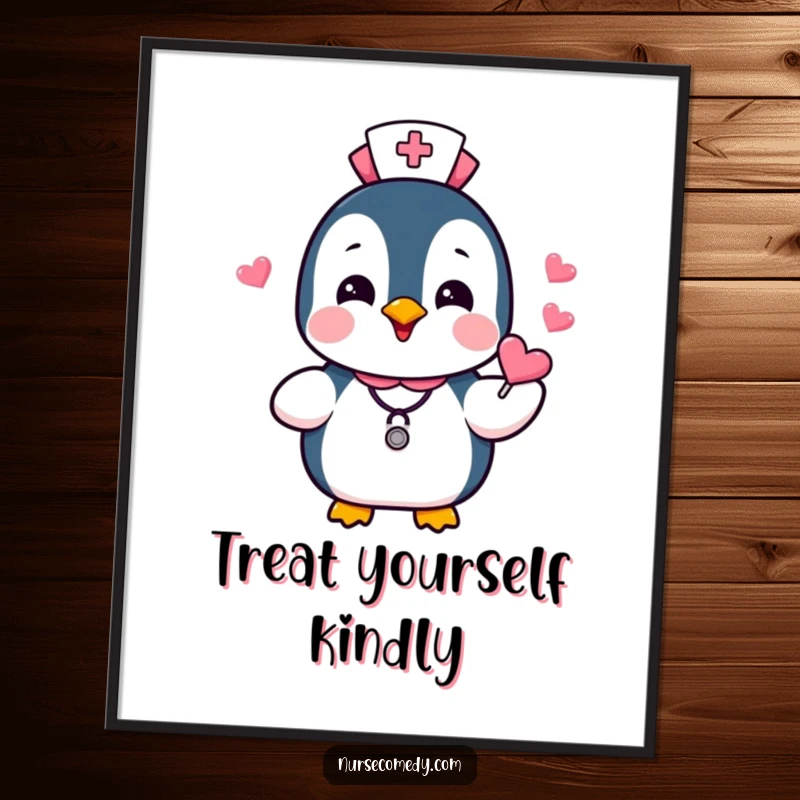 Funny Penguin Nurse Poster illustrating a joyful penguin in nurse attire, gleefully sharing heart-shaped candies, adding a humorous and sweet touch.
