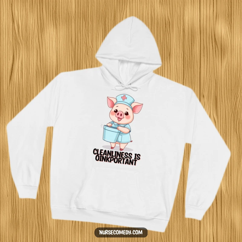 Funny hoodie featuring a pig nurse character holding a tiny bedpan and waving, symbolizing a cheerful attitude.