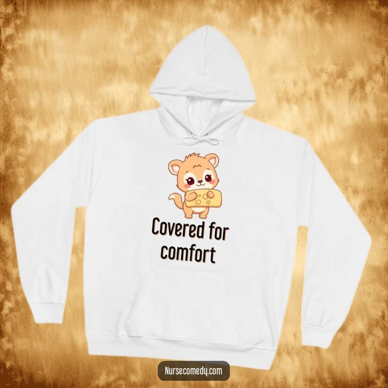 Funny curious animal character examining a large colorful bandage, soft and warm hoodie, perfect for lounging.