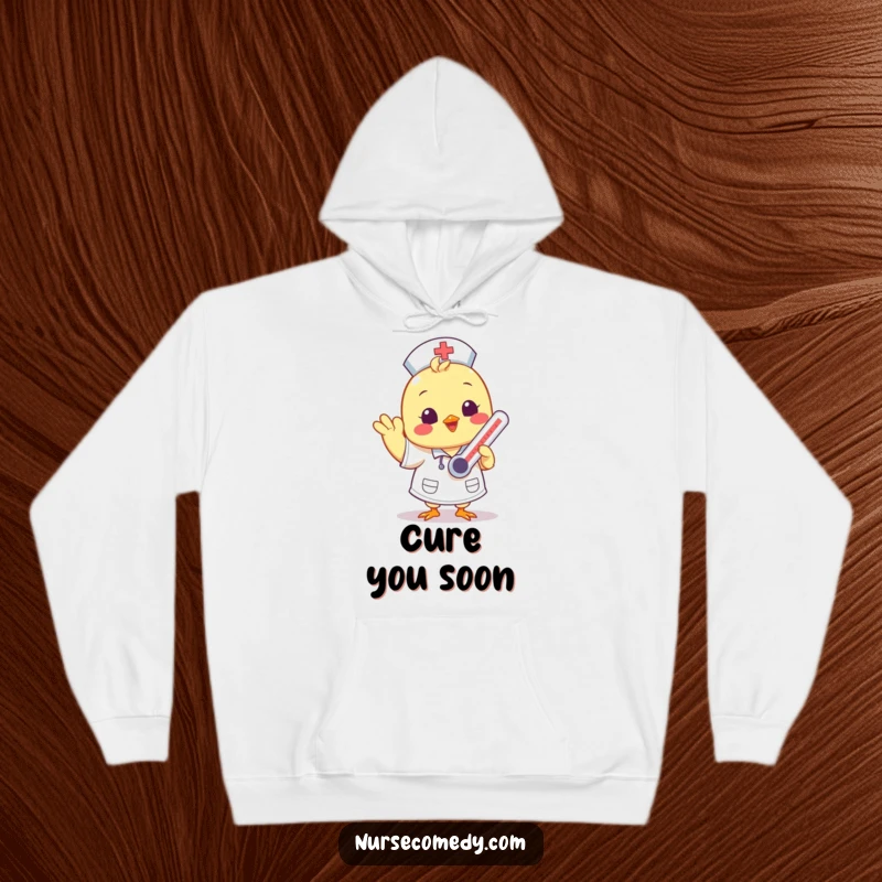 Funny Kawaii chick nurse character in a warm hoodie, waving and holding a thermometer.