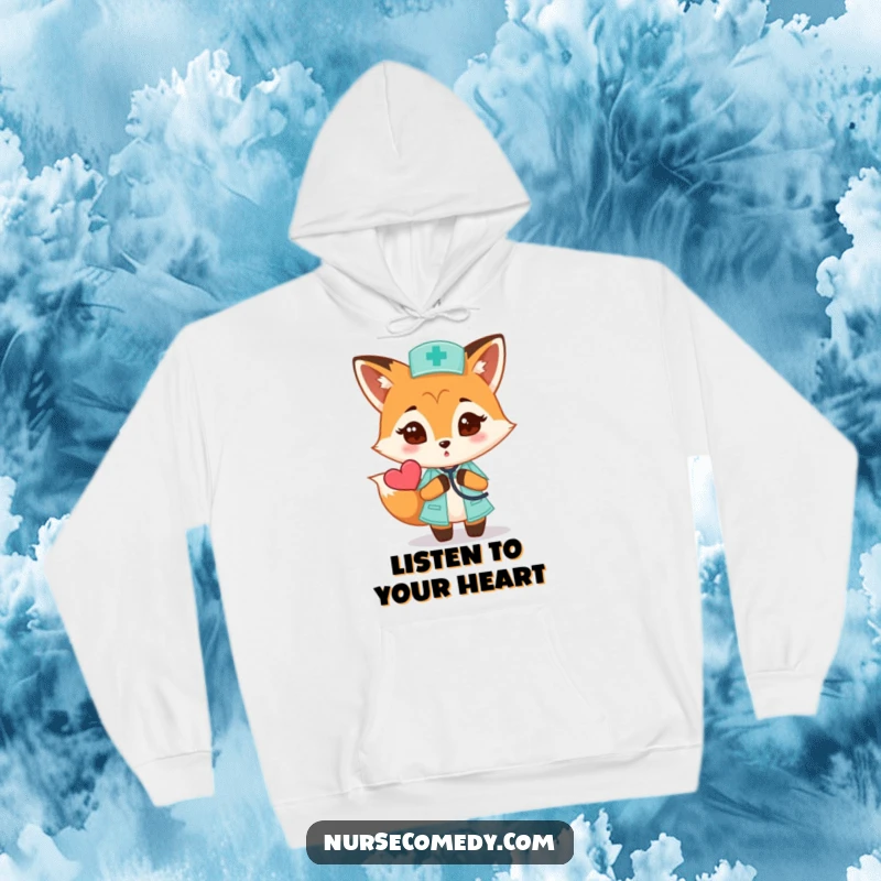 Funny Fox Nurse Hoodie: A curious fox uses a stethoscope to listen to a heart, ideal comfortable funny gift.