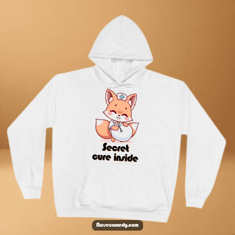 Funny Kawaii fox nurse character hiding behind a large pill capsule on a soft hoodie, cheeky design.
