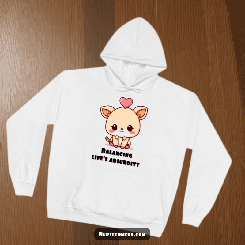 Funny Kawaii Animal Hoodie showing a cute character in a balancing act with a heart on its head, perfect for cozy fun.