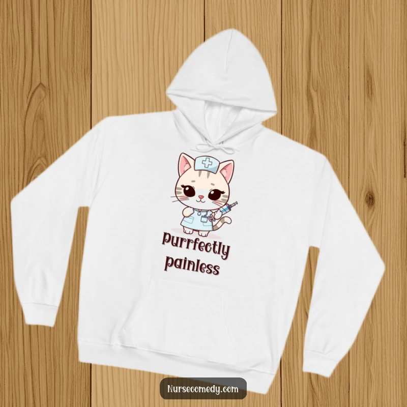 Funny Kawaii Cat Nurse Hoodie: Slyly offering an oversized syringe with a wink, a cozy and hilariously mischievous design. Great funny gift.