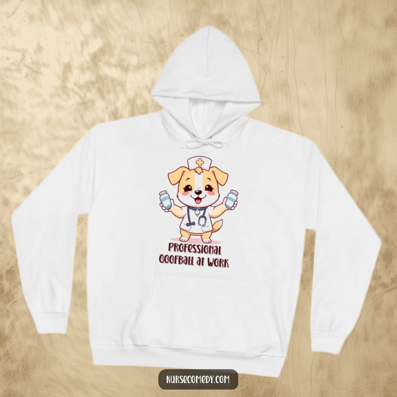 Funny hoodie with a kawaii dog nurse character joyfully juggling a pile of medicine bottles, looking utterly delighted and full of energy.