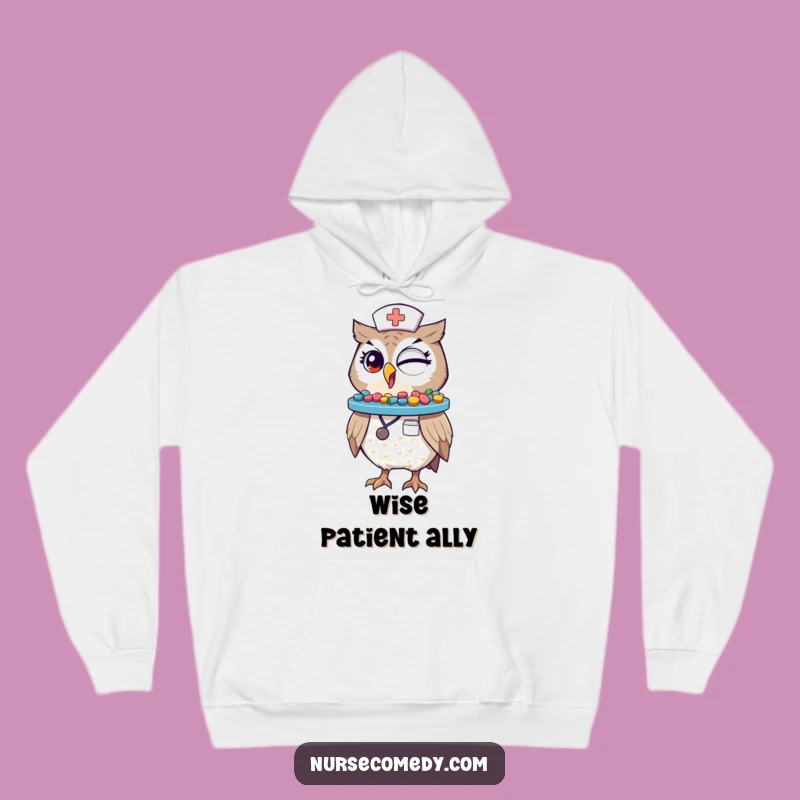 Cozy Funny Winking Owl Nurse Hoodie: Warm Humor for Dedicated Healthcare Heroes