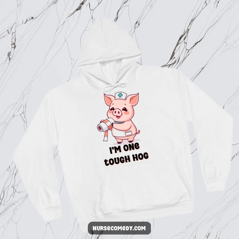 Funny Pig Nurse Hoodie: a pig with a bandage roll radiates joy, a warm and funny gift.