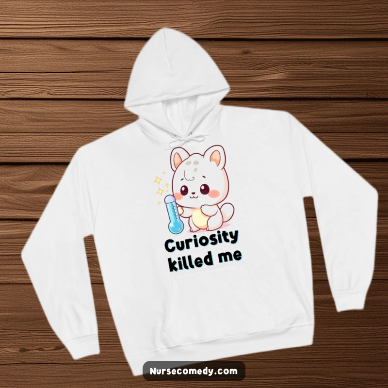 Funny hoodie with a cute kawaii animal character curiously studying a sparkling thermometer, offering warmth and humor as a gift.