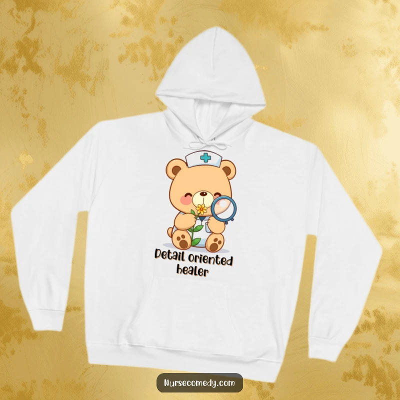 Funny kawaii bear nurse hoodie tenderly examining a tiny flower with a magnifying glass, offering warmth and charm.