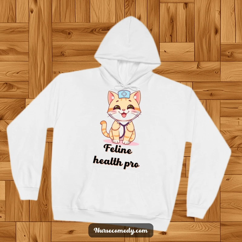 Funny cat nurse hoodie featuring a smiling cat with a stethoscope, bouncing playfully, offering warmth and humorous appreciation for medical staff.