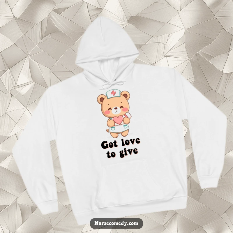 Funny Hoodie: A bear nurse offers a bandage with a heart symbol. Cozy, comforting, and full of care.