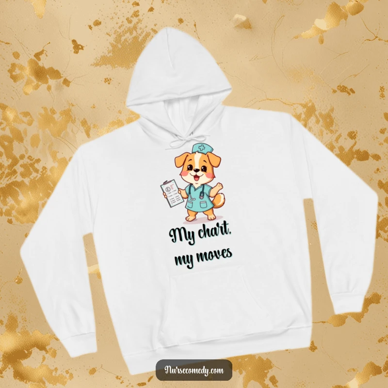 Funny dog nurse hoodie depicting a cheerful dog nurse performing a happy dance with a medical chart, perfect for chilly days.