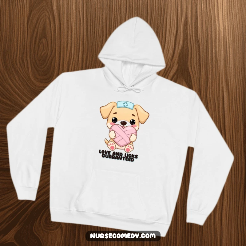 Funny Kawaii Puppy Nurse HoodieHolding a Bandaged Heart Shape with Joy, Cozy and Funny Gift