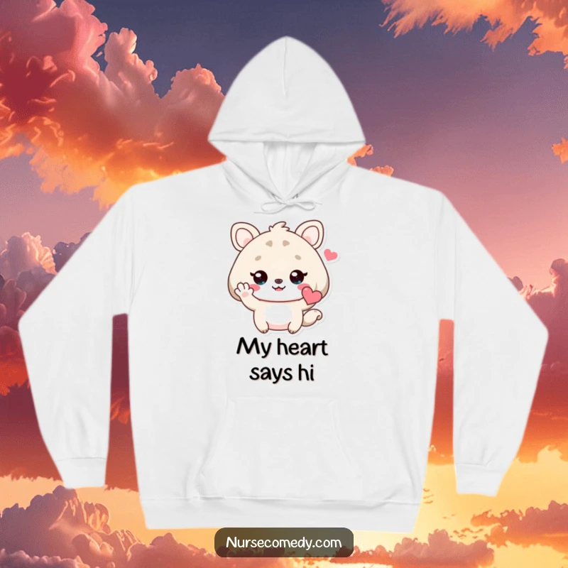 Funny Kawaii Animal Hoodie featuring a cute character waving hello with a heart, perfect for cozy and friendly moments.