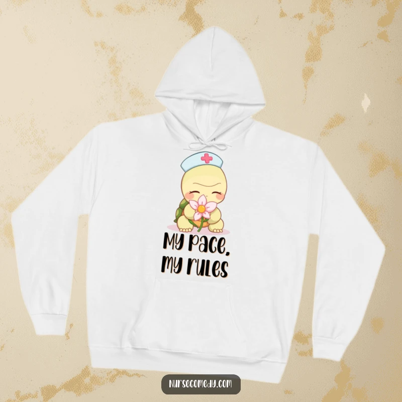 Funny turtle nurse design on a hoodie, showing a character slowly offering a calming flower, ideal for cozy, humorous, and thoughtful wear.