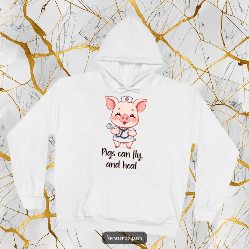 Funny piglet nurse character happily tapping a stethoscope on a chest, perfect for a cozy hoodie.