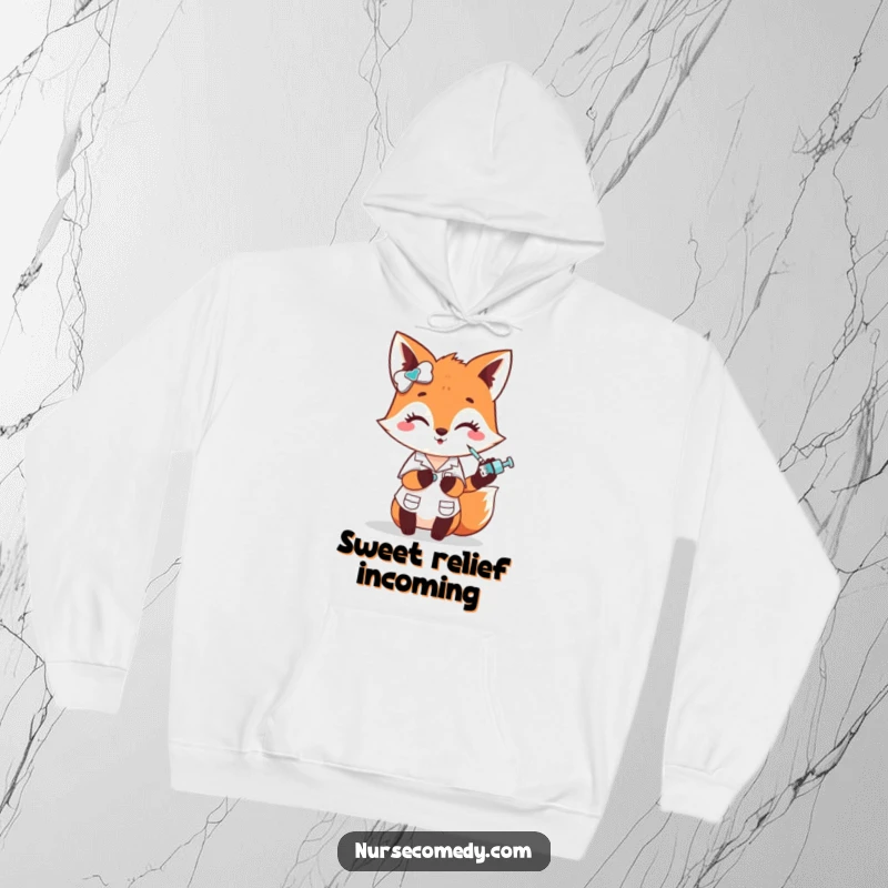 Funny fox nurse hoodie, a cute character humorously administering a small poke with a tiny syringe, excellent funny gift.