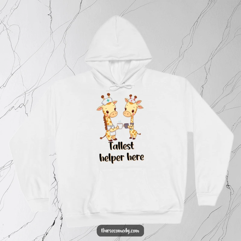 Funny giraffe nurse hoodie, a giraffe in scrubs offering a tiny cup, providing cozy warmth and a humorous depiction of nursing care.