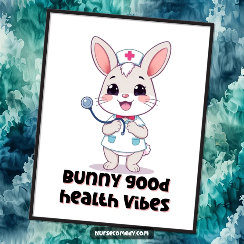 Funny Free Printable Wall Art: Kawaii bunny nurse merrily bouncing stethoscope with a cheerful grin, great home decor.