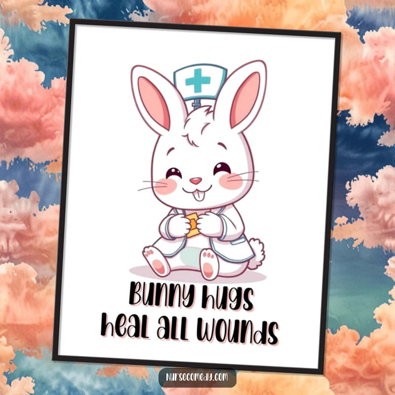Funny Free Printable Wall Art: A cute cartoon bunny nurse tenderly applies a vibrant bandage to a tiny patient with care.