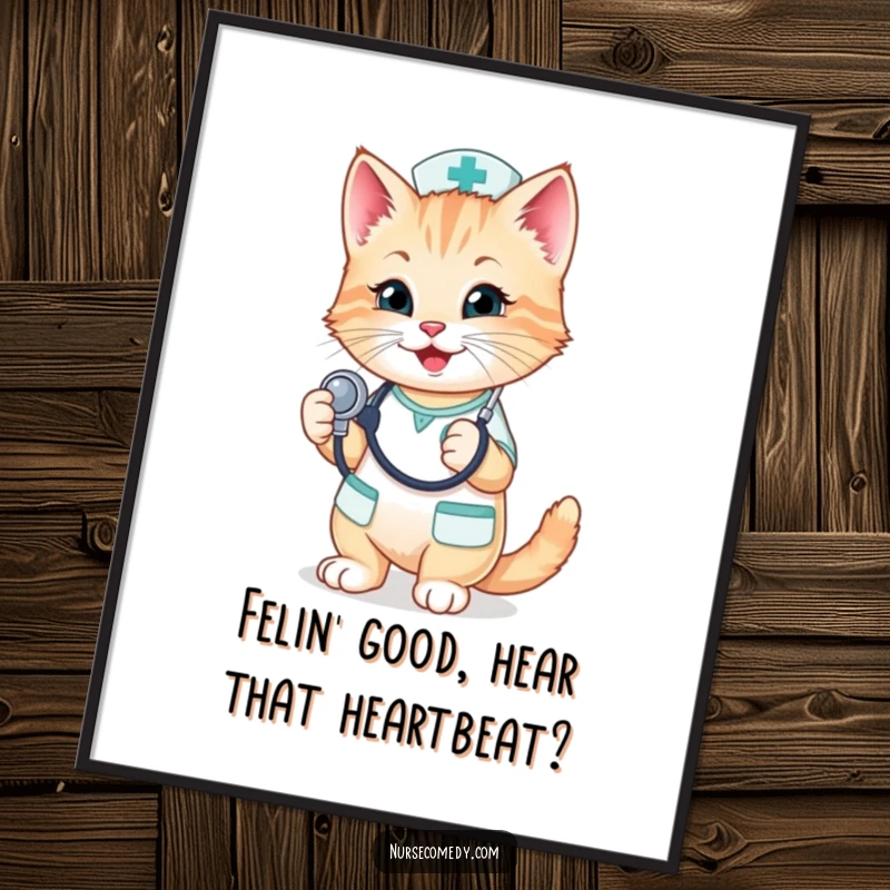 Funny Free Printable Wall Art: A smiling kitten nurse playfully holds a stethoscope to its chest, radiating cuteness and care.