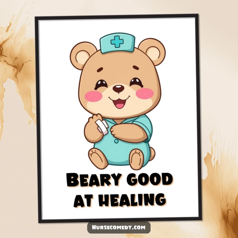 Funny Free Printable Wall Art: Happy bear nurse character cheerfully bandaging a small paw with a huge smile, spreading warmth and care.