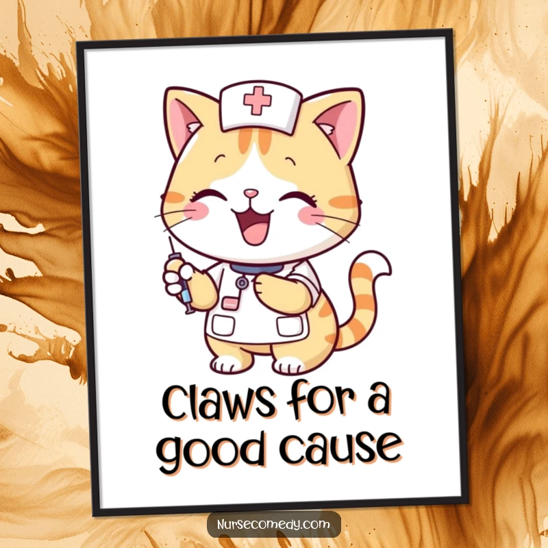 Funny Free Printable Wall Art: A smiling cat nurse proudly displays a syringe, bringing humor to healthcare settings.