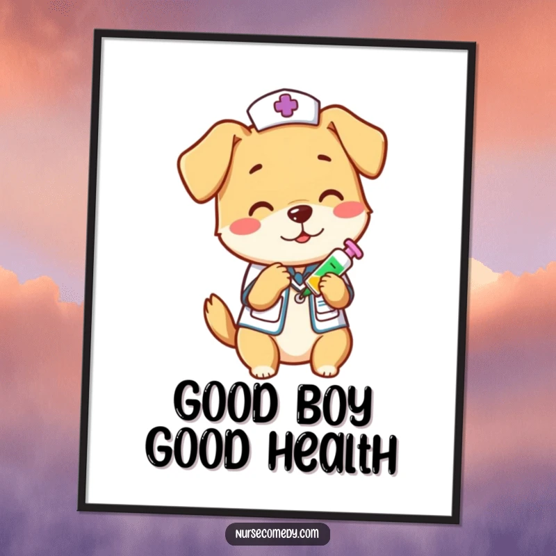Funny Free Printable Wall Art: A playful dog nurse administering a vitamin shot, creating a lively and humorous scene.