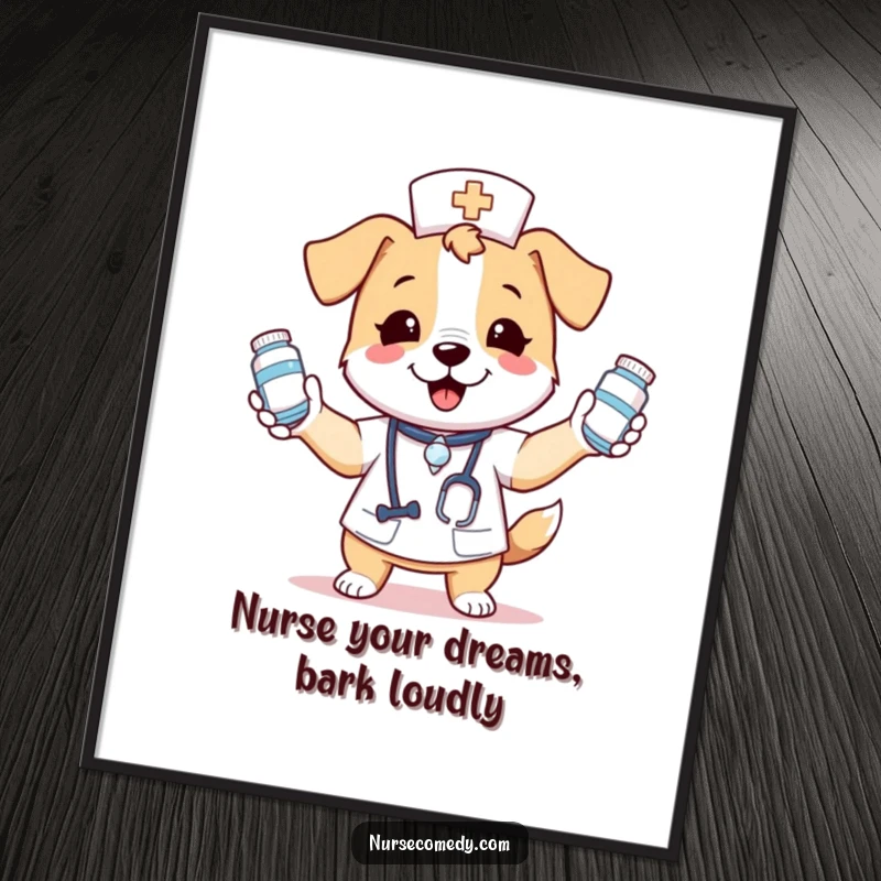 Funny Free Printable Wall Art: A kawaii dog nurse humorously juggling medicine bottles, bringing joy to any room.