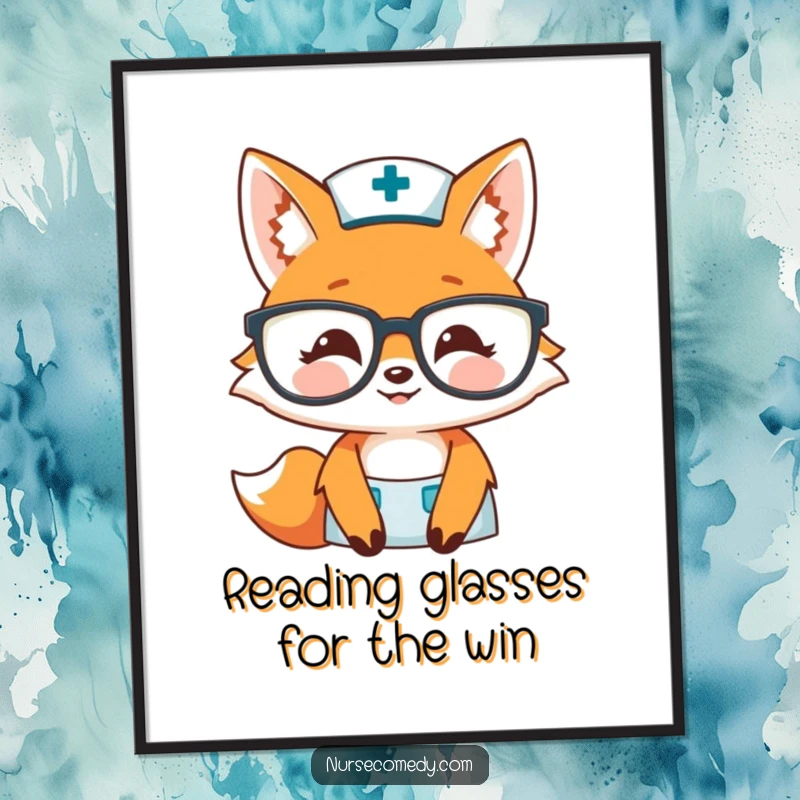 Funny Free Printable Fox Nurse Wall Art: Kindly fox nurse peeking over glasses, a charming and humorous piece for your wall.