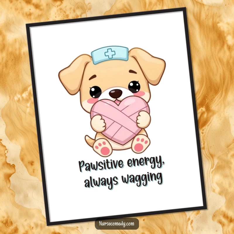 Funny Free Printable Kawaii Puppy Nurse Wall Art, adorable puppy holding a bandaged heart, perfect for a cheerful and loving decor.