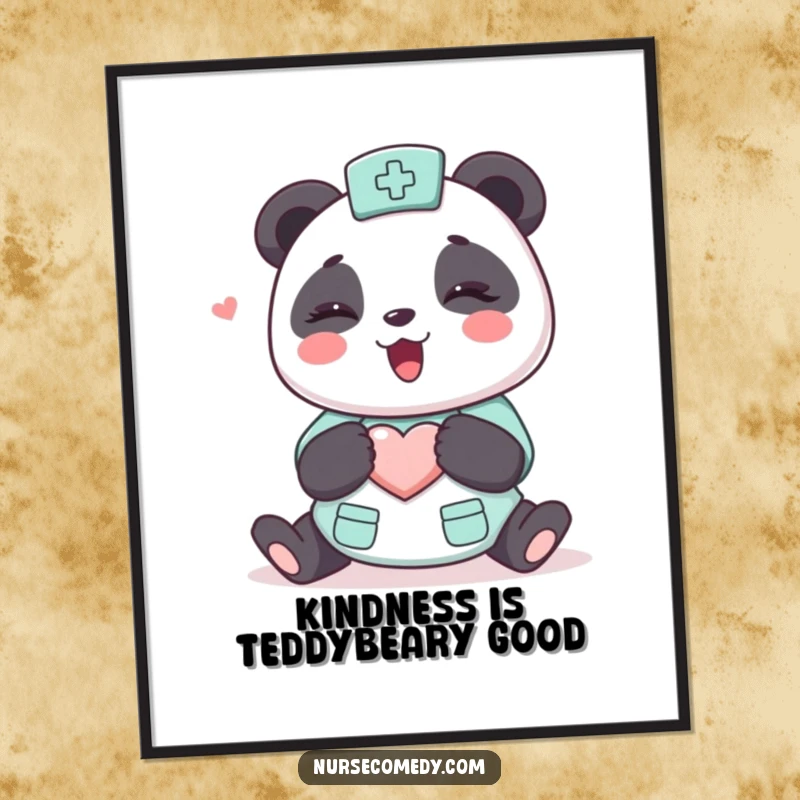 Funny Free Printable Panda Nurse Wall Art featuring a cute character joyfully giving a big hug, with a heart symbol, perfect for cheerful decor.