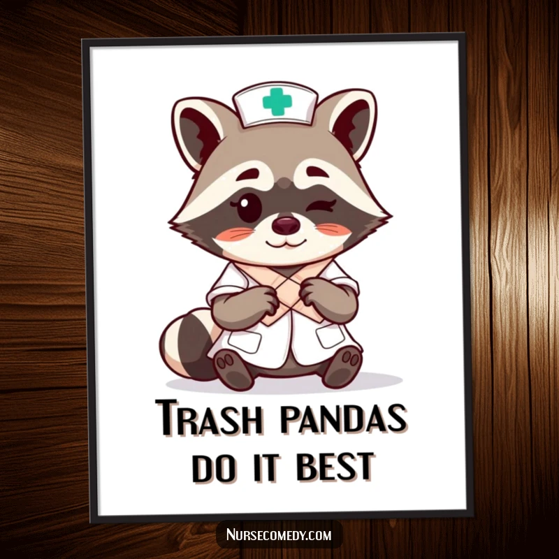 Funny Free Printable wall art: A raccoon nurse winks while expertly tying a bandage, adding a humorous touch.