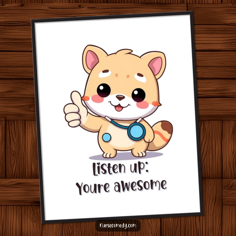 Funny Free Printable Wall Art: A Kawaii doctor animal with a stethoscope gives a thumbs up, promoting wellness and cheer.