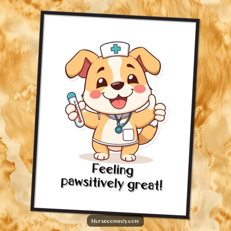 Funny Free Printable Wall Art: Joyful dog nurse wagging tail, giving a thumbs up with a thermometer, full of good vibes.