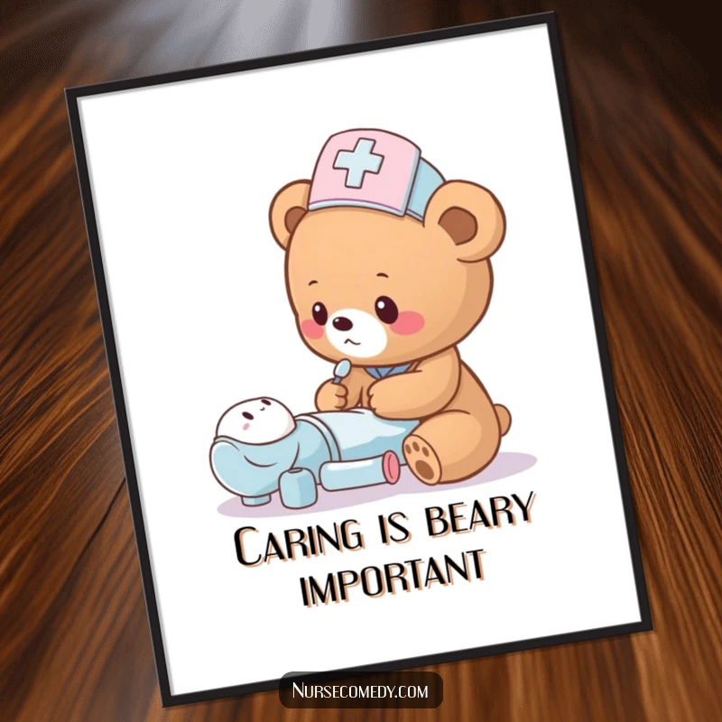 Funny Free Printable Wall Art: A small bear cub nurse with a hat tending to a toy patient.