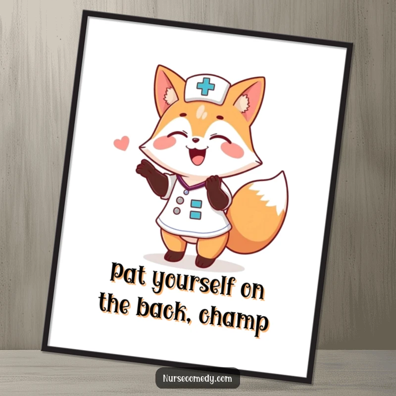 Funny Free Printable wall art: A joyful fox nurse excitedly giving a playful, encouraging pat on the back, exuding warmth.
