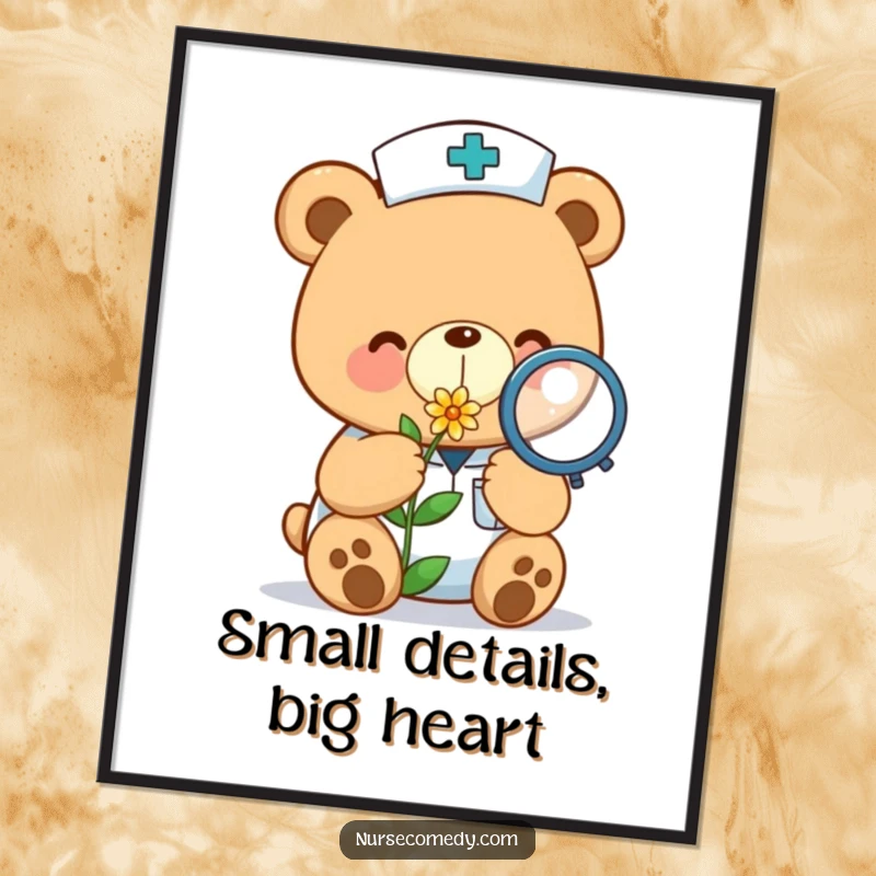 Funny Free Printable Wall Art: A kawaii bear nurse with a magnifying glass, observing a small, delicate flower with intense focus.