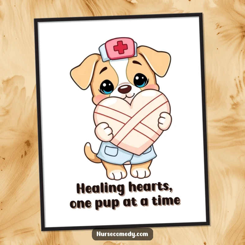 Funny Free Printable Wall Art: A kawaii puppy nurse gleefully holding a large bandaged heart, bringing cute and humorous vibes.