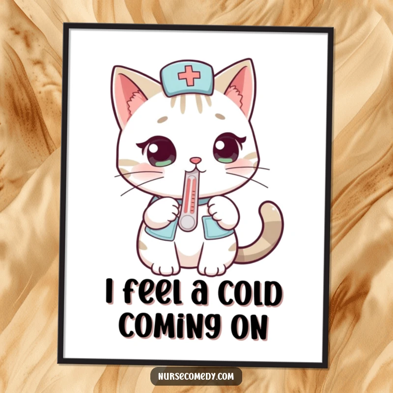 Funny Free Printable Cat Nurse Wall Art: Curious cat doctor with thermometer, a delightful, humorous addition to home decor.
