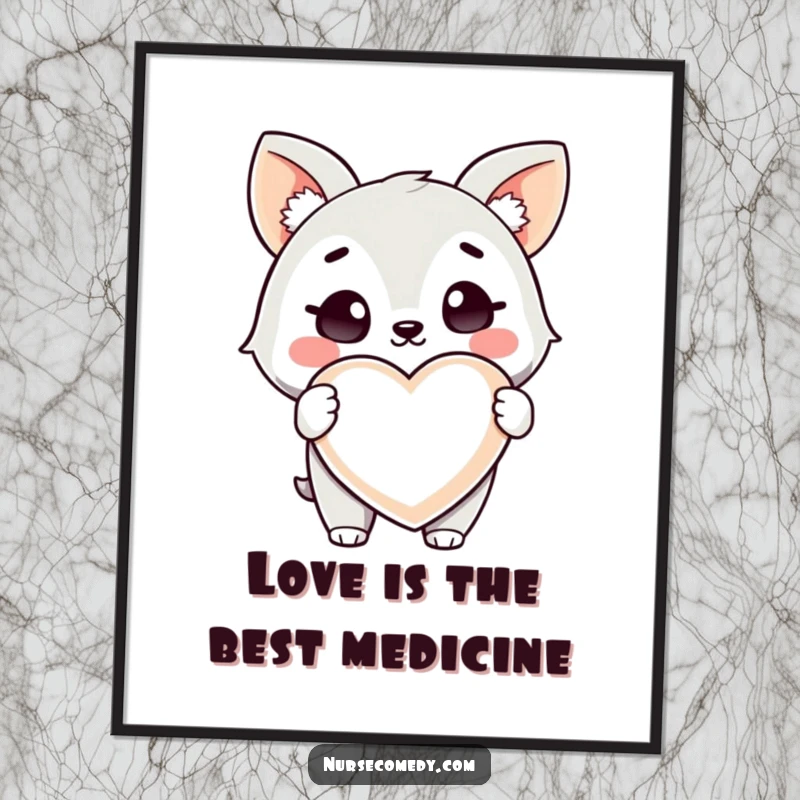 Funny Free Printable Wall Art: A winking Kawaii animal holds a giant heart pill, spreading love and quirky cheer.