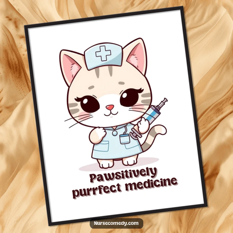 Funny Free Printable Wall Art: Kawaii cat nurse slyly offering tiny oversized syringe with a wink, great home decor.